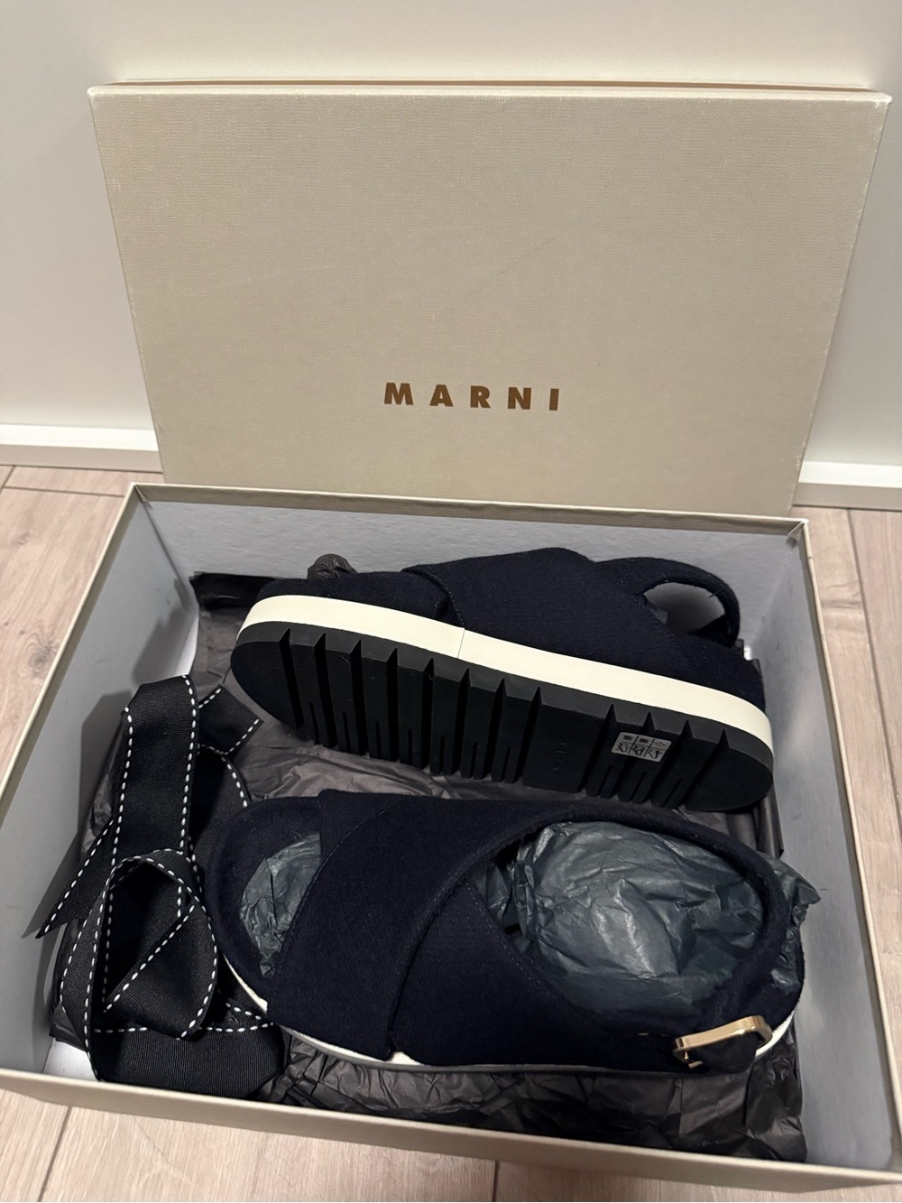 Marni Black Canvas Crisscross Slingback Sandals with White Midsole